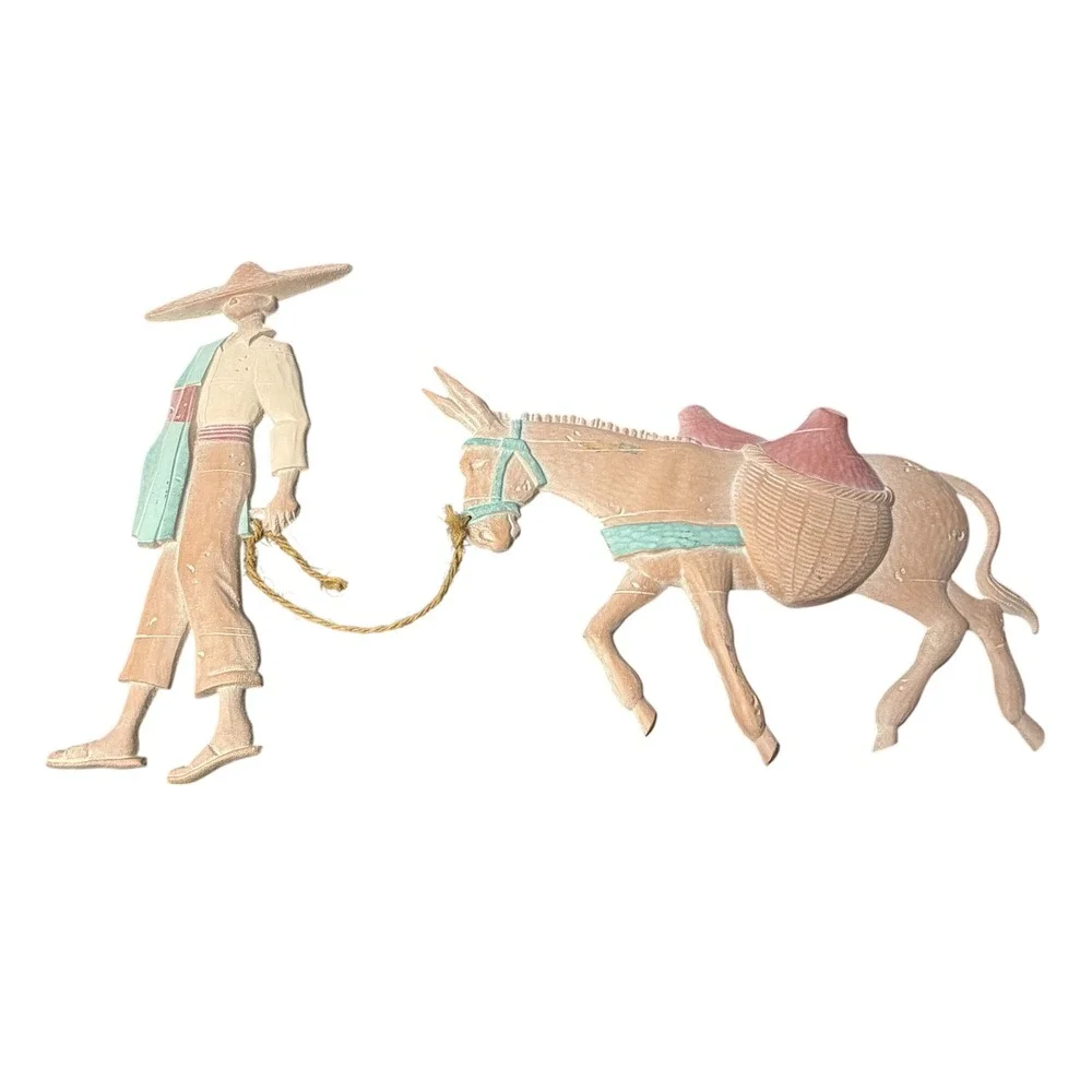Vintage‎ Mexican Folk Art Wall Hanging Man Leading Donkey 2pc Set Rustic Decor